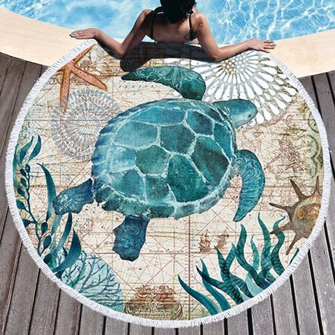 Tortuga de mar Toalla de playa redonda mundo submarino de ducha toallas de baño de microfibra de natación de verano círculo Yoga Mat 150cm con borlas ► Foto 1/1