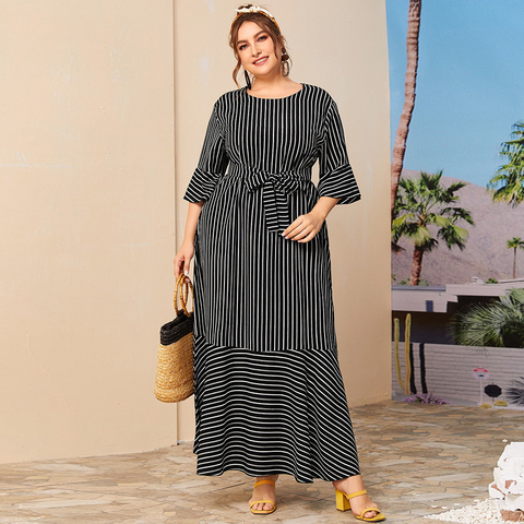 De talla grande vestido de verano de las mujeres 2022 de moda de tres cuartos de la manga estampado a rayas vestido Casual negro volantes vestidos Maxi larga ► Foto 1/6