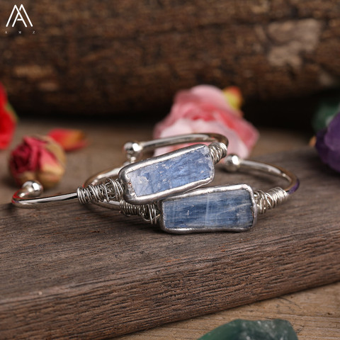 Pulsera envuelta de alambre de cobre para mujer, cianita azul Natural, cuentas de losa Irregular, brazalete abierto, joyería de moda ► Foto 1/5