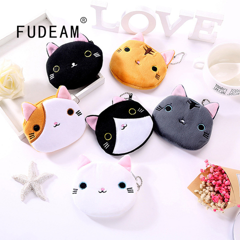 FUDEAM-monedero suave con dibujos de gato de peluche para mujer, Mini monedero ovalado con cremallera, monedero para niños y niñas, con Cable USB ► Foto 1/6