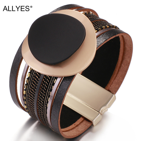 ALLYES-pulsera de cuero bohemio para mujer, brazalete ancho con abalorio de placa de Metal mate circular, joyería femenina 2022 ► Foto 1/6