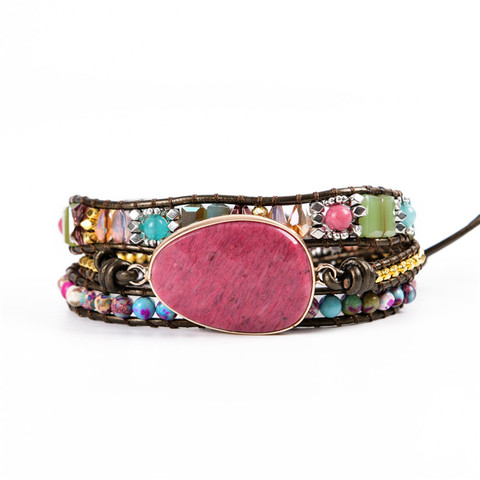 Pulsera envolvente de cuero exclusiva de 3 hebras de piedra Natural, cuentas bohemias multicolores, pulsera tejida de cristal, pulsera envolvente, regalos ► Foto 1/5