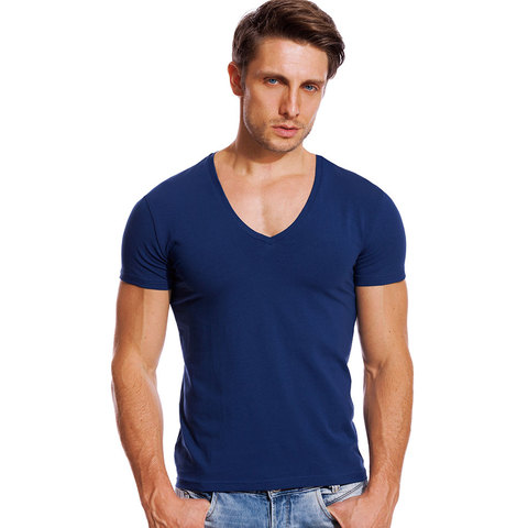 Camiseta lisa con cuello de pico para hombre, camiseta de corte bajo elástica Vee, camisetas ajustadas de manga corta, camiseta de moda para hombre, ropa interior Invisible de verano ► Foto 1/6