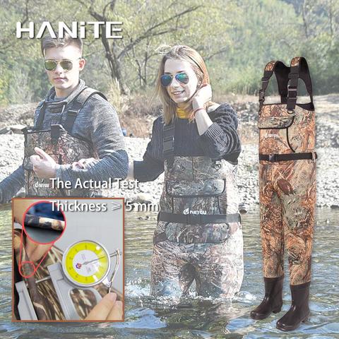 HANITE Wader de neopreno térmico impermeable de 5mm con botas de goma para pesca, caza, útil en clima lluvioso, Nevado y de inundación ► Foto 1/6