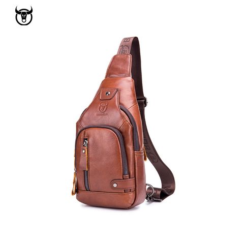 BULLCAPTAIN-Bolso de pecho de piel auténtica para hombre, bandolera cruzada con USB recargable, con bolsillos delanteros ► Foto 1/6