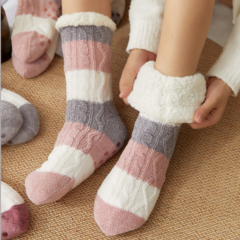 Calcetines gruesos de invierno de más algodón para mujer, medias antideslizantes cálidas a rayas Multicolor para dormir, regalo de Navidad para chica ► Foto 1/6