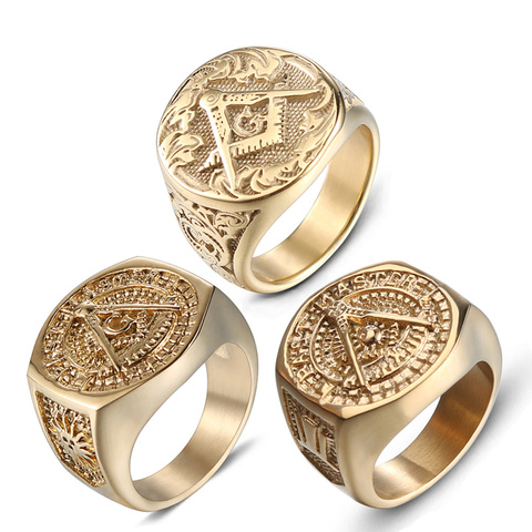 Masonic Free Mason-anillo de acero inoxidable con diseño de masón para hombre, sortija de acero inoxidable, color dorado, con diseño de masonería, regalo Punk, talla 8-13 ► Foto 1/6