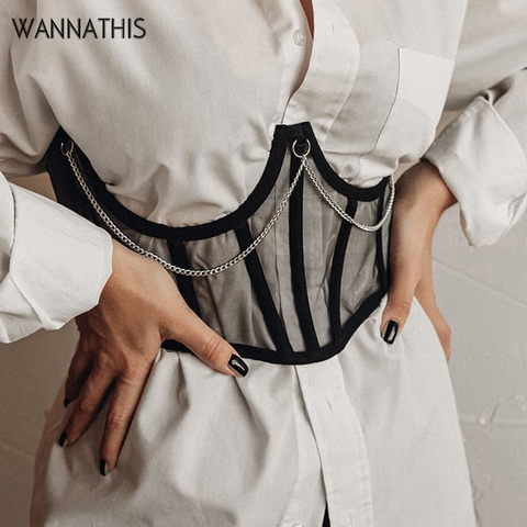 WannaThis-cinturón ancho con cordones para mujer, elegante cinturón de malla con correas de cadena de Metal, ancho, elástico, asimétrico ► Foto 1/6