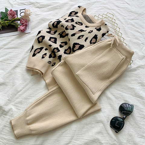 SMTHMA de las mujeres de manga larga de punto jersey de leopardo suéteres + cintura elástica pantalones conjuntos de moda Pantalones de dos piezas trajes de traje ► Foto 1/6