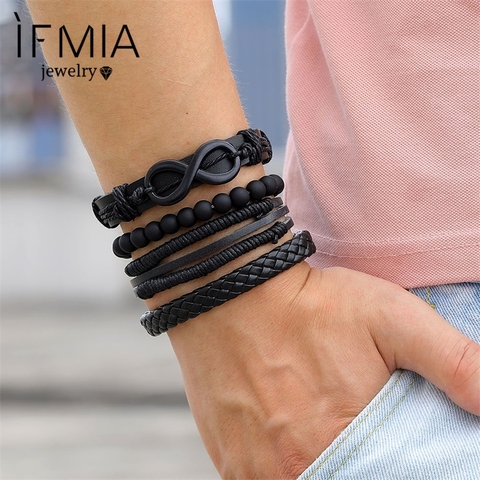 IFMIA-pulsera de cuero tejida hecha a mano para hombre y mujer, brazalete de aleación con abalorios negros Infinity, accesorios de joyería para hombre ► Foto 1/6