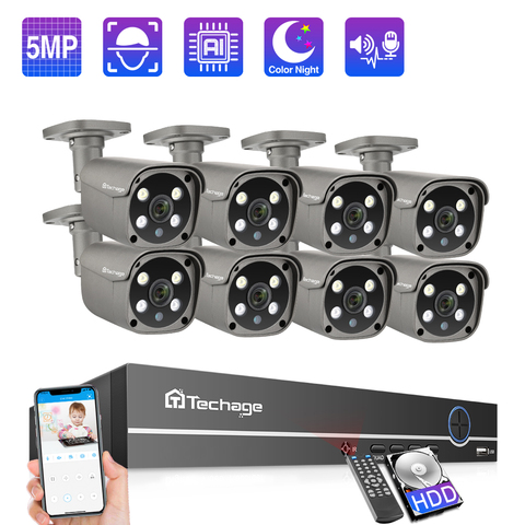 Techage-sistema de cámaras de seguridad para exteriores, Kit de videovigilancia con detección humana por Ia, Audio bidireccional, cámara IP IR CCTV, 8 canales, 5MP, NVR POE ► Foto 1/6