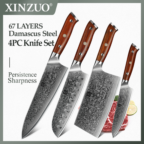 XINZUO 4 Uds Juego de Cuchillos de Cocina de acero de Damasco Set de cuchillos de Chef Pro maestro Santoku de cuchillos de picar cubiertos de acero inoxidable ► Foto 1/1