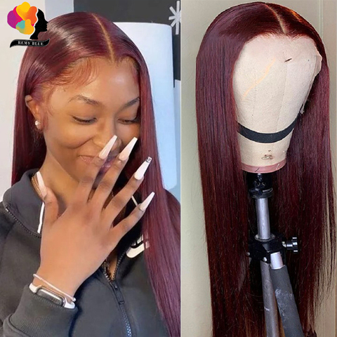 Pelo peruano recto 13X1 peluca con malla frontal pelucas de cabello humano 99J rojo borgoña Pre-arrancado 180% cabello humano Remy profundo parte pelucas ► Foto 1/6