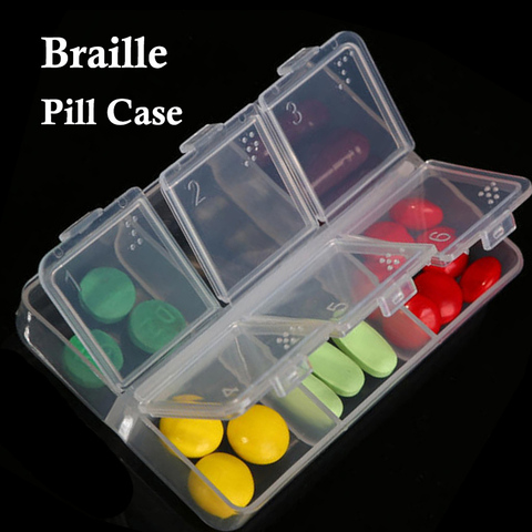 Caja de almacenamiento de pastillas Braille para tabletas ciegas, contenedor de medicamentos de 6 celdas, organizador de pastillas, caja de medicina para farmacia ► Foto 1/6