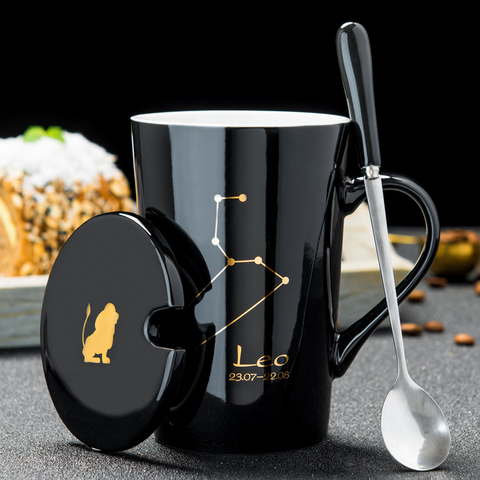 Taza de pareja de cerámica creativa de constelación 412, con cubierta de cuchara, taza de café de leche del zodiaco de porcelana de Oro Negro 420ML ► Foto 1/6