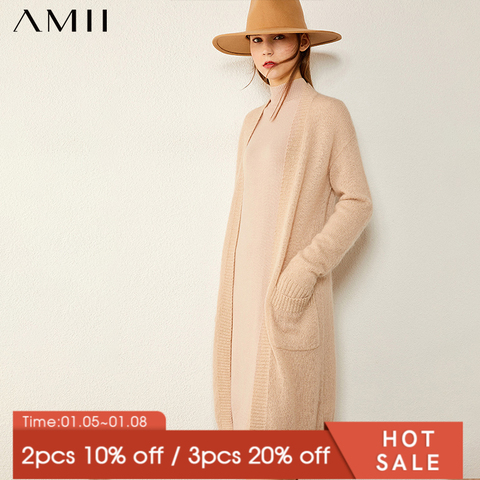 Amii Minimalism, trajes de invierno para mujer, moda casual, cuello redondo sólido, largo de la pantorrilla, suéter, vestido, chaqueta femenina, abrigo knited 12030298 ► Foto 1/5