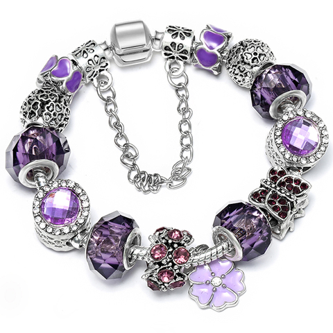 Pulsera con abalorio púrpura para mujer, brazalete con mariposa colgante, cuentas de Cristal púrpura, regalo ► Foto 1/5