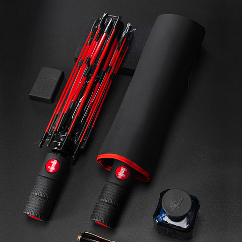 Sombrilla automática de fibra roja con tres pliegues para hombre, sombrilla de negocios, sombrilla soleada ► Foto 1/6