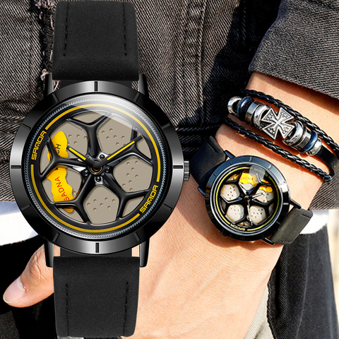 Relojes deportivos de moda para hombre, llanta de rueda de coche Hub, de cuarzo, de cuero, impermeable, creativo, giratorio de 360 grados, novedad, gran oferta ► Foto 1/6