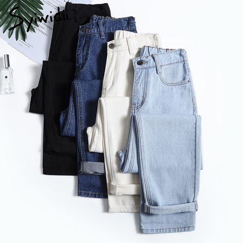 4 colores mamá jeans Mujer cintura elástica cintura alta de talla grande pantalones vaqueros de estilo boyfriend para mujer algodón lavado 2022 moda nuevo ► Foto 1/6