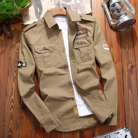 Camisas militares para hombre, Camisa de algodón, caqui, informal, Retro, ajustado, con bolsillo, manga larga, Vintage, ropa de calle, envío directo ► Foto 1/6