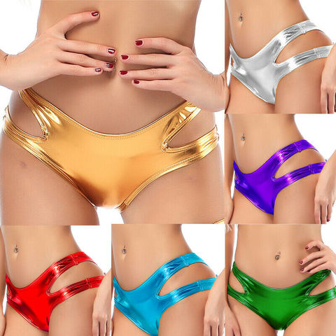 Briefs calados metálicos brillantes para mujer, pantalones cortos de cuero PU, ropa interior de baile Rave, ropa interior para discoteca, bragas de baile en barra ► Foto 1/6