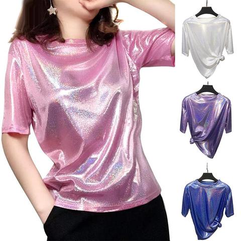 Camiseta de manga corta para mujer, remera brillante holgada para mujer, playera sexy de estética harajuku para discoteca, camiseta Seda brillante con estilo para mujer ► Foto 1/6