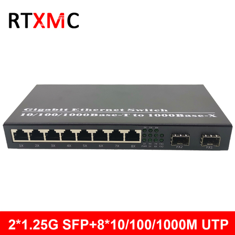 Convertidor de medios Gigabit 2SFP 8RJ45 2G8E, convertidor Ethernet de 10/100/1000M, interruptor óptico de fibra transceptor ► Foto 1/6