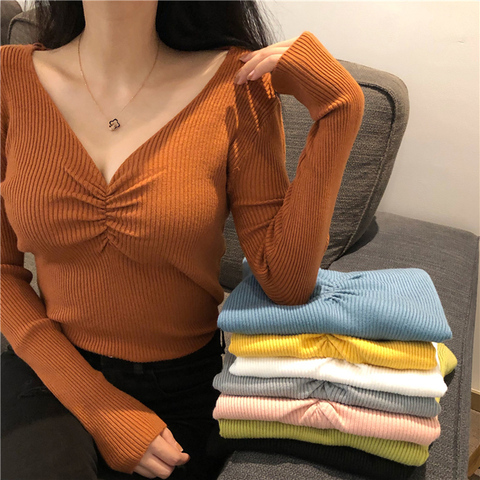 Lucyever-suéter de punto con cuello de pico para mujer, Jersey Sexy de punto para otoño, Jersey ajustado coreanas suaves elegantes, de manga larga, básico, última novedad 2022 ► Foto 1/6