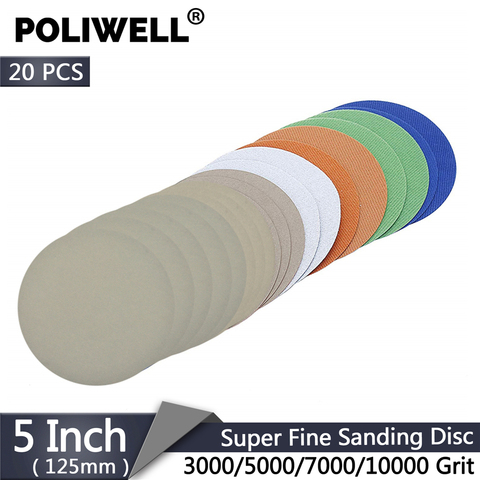 POLIWELL 20 piezas 5 pulgadas 125mm Kit de discos de lijado súper fino 3000/5000/7000/10000 mojado y papel de lija seco para pulido automático de madera ► Foto 1/6