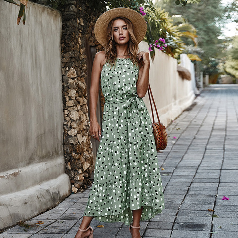 Vestido largo de verano sin mangas con estampado de lunares para mujer, traje largo con estampado de lunares y Estilo de vacaciones, cintura alta, cuello redondo, Swing grande, 2022 ► Foto 1/6