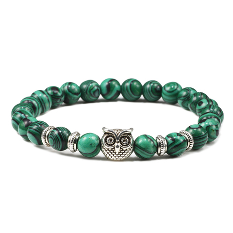 Pulsera de piedra Natural con forma de búho para hombre y mujer, brazalete de malaquita, bolitas, energía elástica, Yoga, Buda, joyería ► Foto 1/6