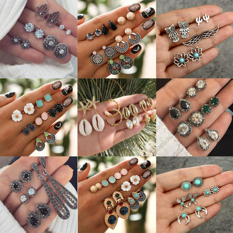 10 Estilo Vintage geométrica Stud juego de pendientes para mujeres de concha de moda flor y estrellas piedra con tamaño de mano pequeño Mini pendientes de las niñas 2022 Boho ► Foto 1/6