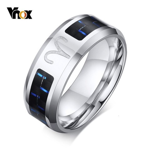 Anillo de Aries Vnox para hombre, Horóscopo de 12 pulgadas de acero inoxidable con banda de boda de fibra de carbono, Alianza masculina informal ► Foto 1/6