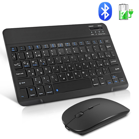 Teclado y ratón inalámbricos Mini teclado Bluetooth recargable con ratón, teclas rusas para tableta del teléfono de PC y portátil ► Foto 1/6