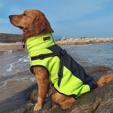 Ropa impermeable de invierno para perros, chaqueta para perros grandes, ropa para mascotas, abrigo negro y rojo con arnés ► Foto 1/6