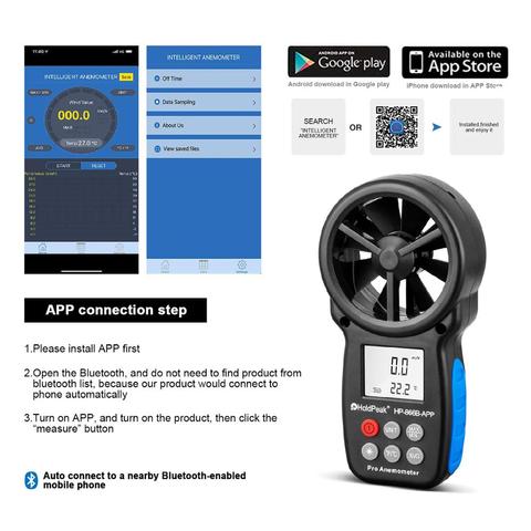 HoldPeak-Anemómetro Digital HP-866B-APP, Anemómetro con aplicación móvil, mide la temperatura y el viento, con retroiluminación, 0,3 ~ 30 m/s ► Foto 1/1