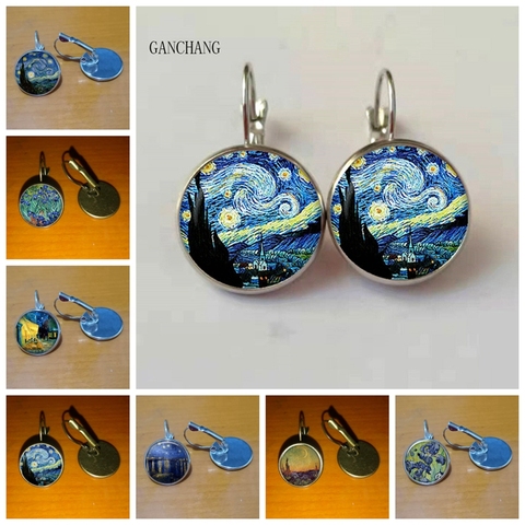 De moda de Color plata Simple estilo pendientes Van Gogh famoso artista noche estrellada pendientes joyería cabujón de cristal mujeres regalos ► Foto 1/6