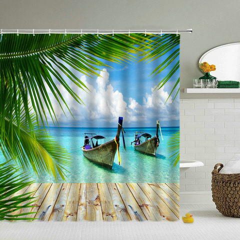 Palmeras de mar para playa, cortinas de ducha, paisaje impermeable, decoración 3d Cortinas de baño con ganchos para el hogar, pantalla de baño lavable ► Foto 1/6