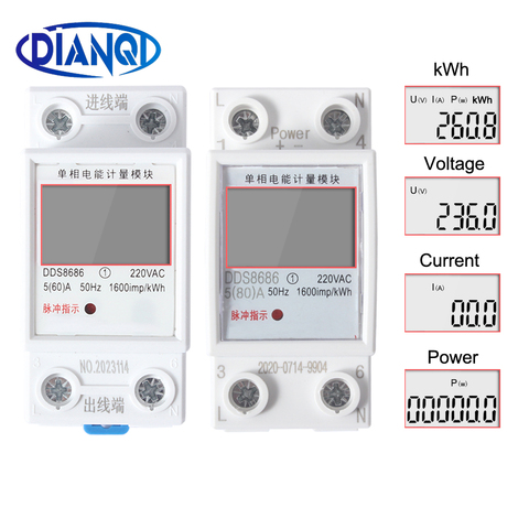 Monofásico Dos hilos LCD Pantalla digital Wattímetro Consumo de energía Energía Medidor eléctrico kWh CA 230V 50Hz Carril DIN eléctrico ► Foto 1/6