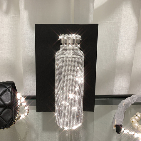 Botella térmica de acero inoxidable con diamantes de imitación, botella de agua termo plateada con tapa ► Foto 1/6