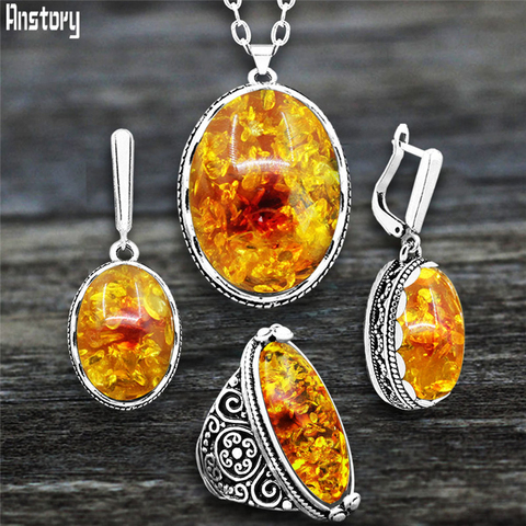 Conjunto de joyería para mujer de amberos sintéticos clásicos, Collar chapado en plata antigua, pendientes, anillo en forma de ojo, conjunto de moda ► Foto 1/6