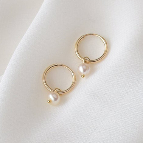 Pendientes de aro hechos a mano, Pendientes de perlas naturales de oro, joyería circular, aretes bohemios, Pendientes de plata y circonita para niña ► Foto 1/4