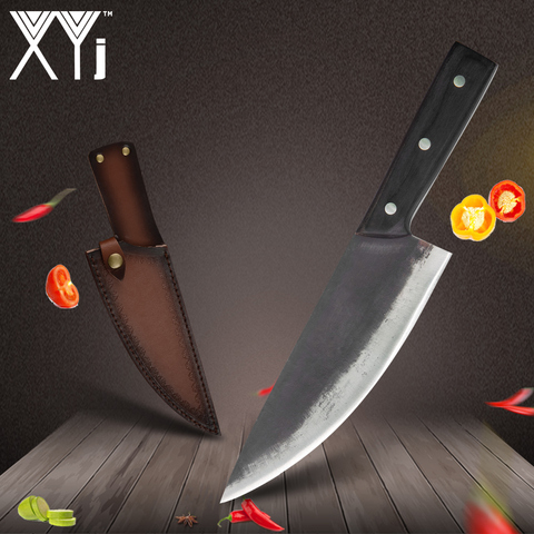 XYj-cuchillo de Chef forjado hecho a mano, de acero al carbono, estilo chino Tang completo, carnicero, carne, pescado, cocina, 8 pulgadas ► Foto 1/6