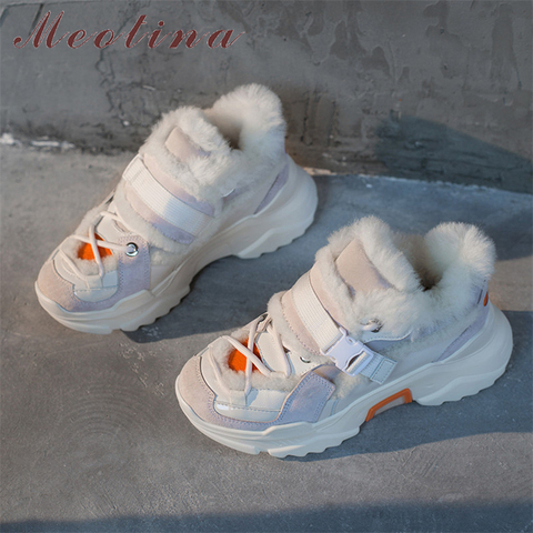 Meotina-zapatillas de deporte planas para mujer, zapatos de plataforma plana de cuero genuino Natural, cálidos, zapatos de punta redonda, talla grande 42 ► Foto 1/6