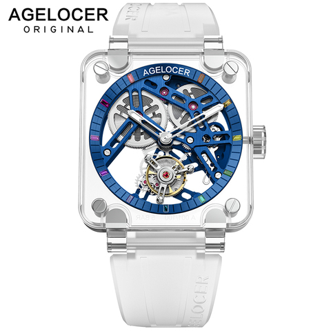 AGELOCER Original marca suiza Real Tourbillon relojes deportes hombres esqueleto azul completa de gemas de zafiro caso reloj mecánico ► Foto 1/6