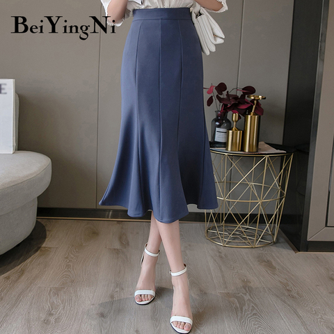 Beiyingni-falda de corte sirena de cintura alta para Mujer, falda de trabajo, estilo informal, cintura alta, color negro, 2022 ► Foto 1/6