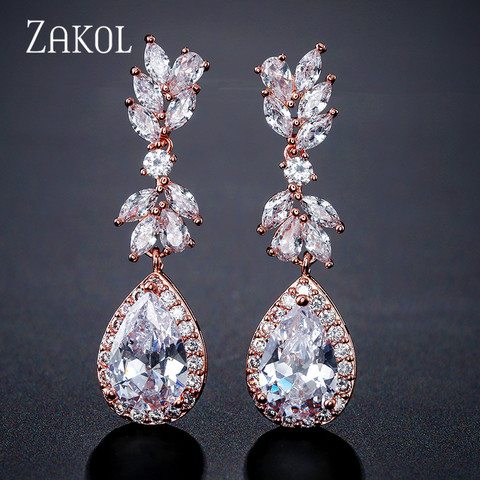 ZAKOL Color blanco flor Zircon en forma de colgante de cristal de gota de agua pendientes de gota nupcial de la boda accesorios de la joyería de FSEP2226 ► Foto 1/6