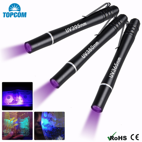 TopCom 3 W mini bolsillo 2AAA alimentado por batería 395nM 380nM 365nM ultravioleta de aleación de aluminio UV Pen linterna uv Pen Luz antorcha ► Foto 1/6