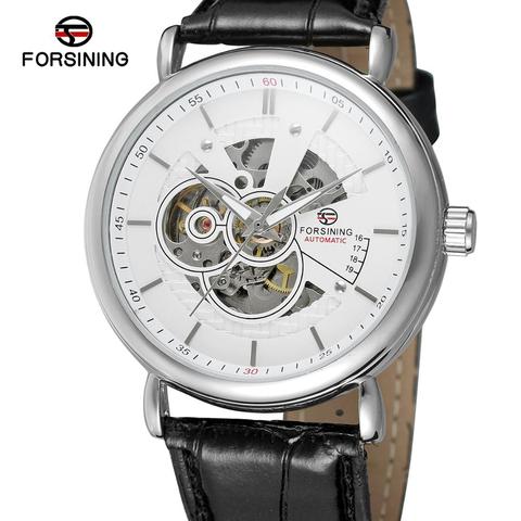 FORSINNING tendencia de moda casual reloj de mujer y hombre blanco dial carcasa plateada negro Correa con noble simple reloj mecánico automático ► Foto 1/6